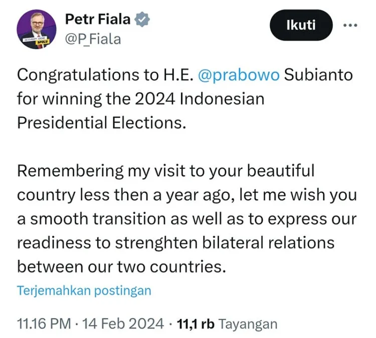 Perdana Menteri Ceko Petr Fiala Berikan Ucapan Selamat Atas Kemenangan Prabowo