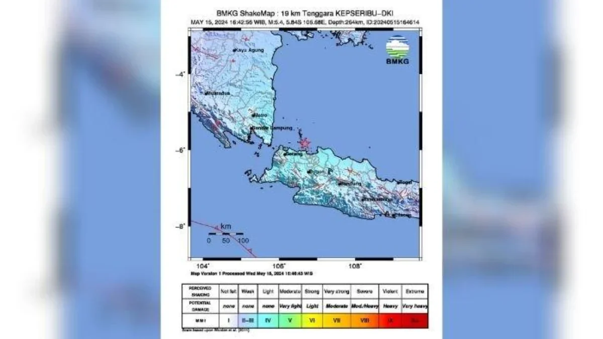 Gempa dengan magnitude 5.4 di Kabupaten Kepulauan Seribu Jakarta pada Rabu sore (15/5/2024).