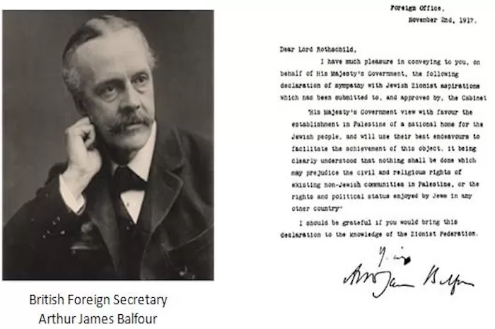 Arthur James Balfour (kiri) dan Deklarasi Balfour yang dibuatnya (kanan). (BalfourProject)