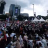 Aksi bela Palestina di kawasan Patung Kuda, Gambir, Jakarta Pusat pada Minggu (9/6).