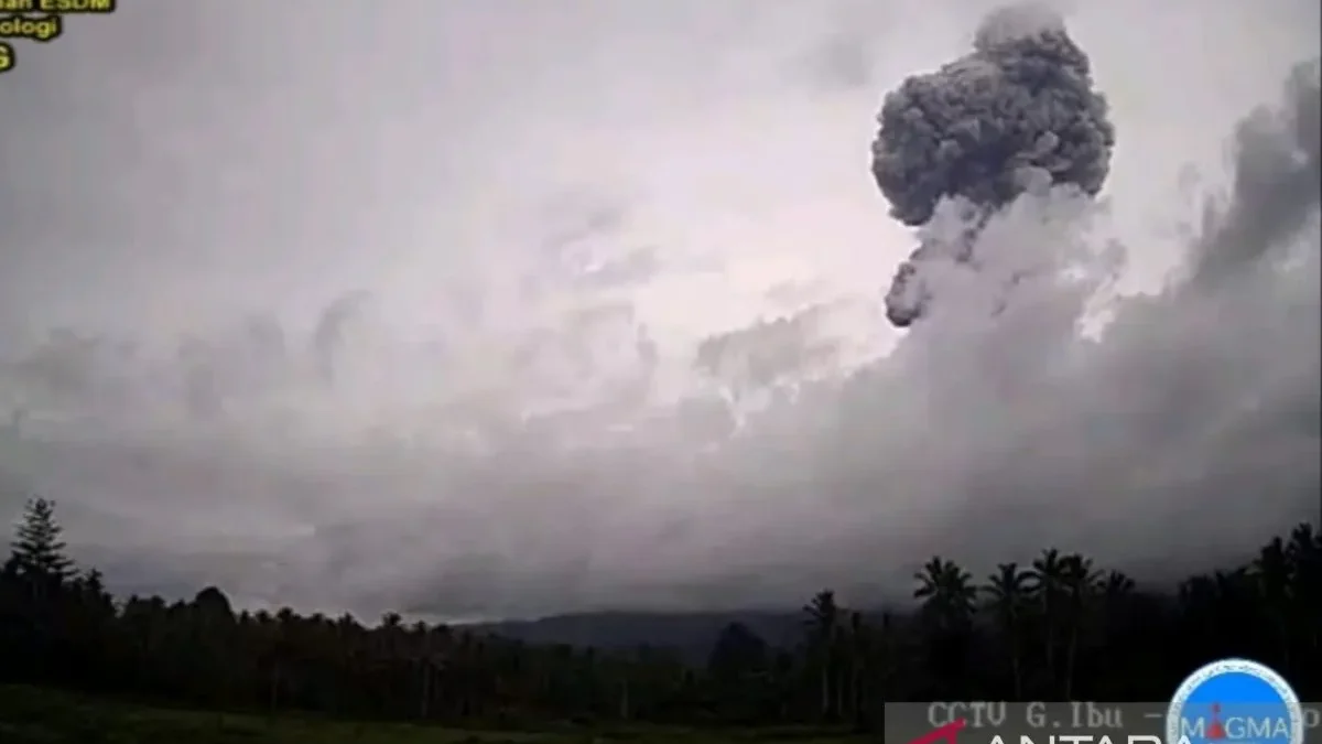 Lontaran abu erupsi Gunung Ibu di Pulau Halmahera, Maluku Utara, Rabu (3/7/2024). (ANTARA/HO-PVMBG)